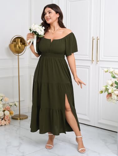 Image of SCOMCHIC Womens Plus Size Maxi Dress Formal Short Sleeve Square Neck Smocked Side Split Flowy A Line Tiered Long Dress
