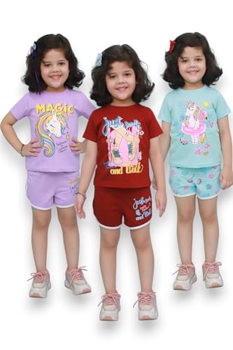 Image of Chandrika Kids Cotton Coordinated Set Pack of 3 half Sleeve And sleeveless T-Shirts & Shorts and skirt Baby Girls Summer Dress Combo