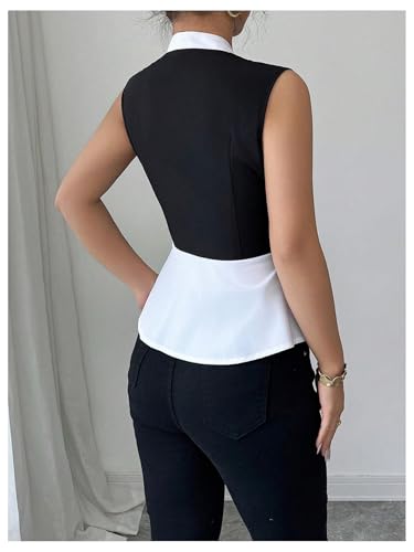 SweatyRocks Women's Sleeveless Button Down Blouse Color Block Ruffle V Neck Work Shirts2