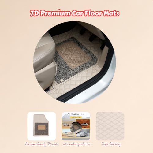 Image of CARNEST 7D Car Floor Mats Compatible with -Compass (2017-20) All Model, Set of 5 Pcs, 100% Waterproof Luxury Leather Triple-Stitch Car Foot Mat with Detachable Grass, Beige