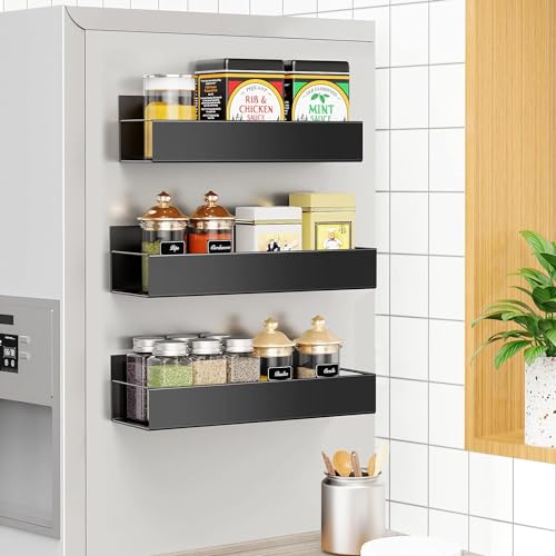 Image of OrganizeMee Movable Kitchen Organizer Storage Spice Magnetic Rack, Decorate Your Fridge,Washing Machine & Microwave Oven with Magnetic Metal Fridge Side Rack 1 Year Warranty: Black Set Of 1