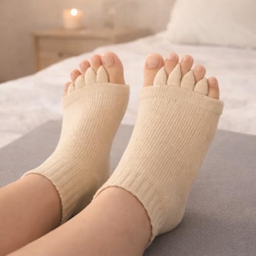 Image of Foot Alignment Orthopedic Cotton Socks for Men & Women | Five Toe Separator | Foot Pain Relief | Bunion Corrector | Plantar Fasciitis Support | Improves Posture & Flexibility | Free Size | Beige | 1 Pair