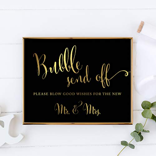 Andaz Press Wedding Party Signs, Black And Metallic Gold Ink, 8.5X11-Inch, Bubble Send Off Please Blow Good Wishes For The New Mr. & Mrs. Sign, 1-Pack, Unframed #TOP1