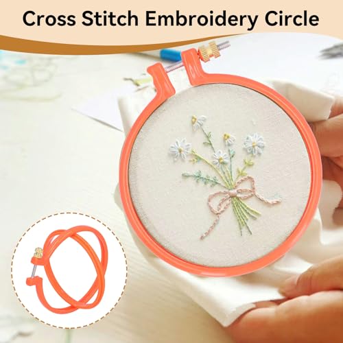 Image of Plastic Embroidery Hoop Ring, 3PCS 4in Round Embroidery Frame Hoop Sets Household Small Embroidery Hoops Cross Stitch with Sdjustable Tension Screw for Beginners and Crafters