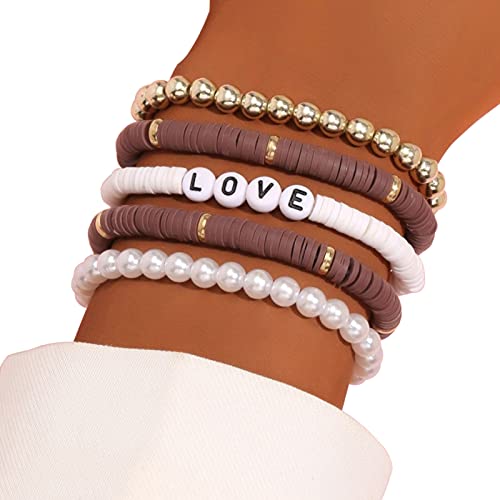 Lot de 5 bracelets unisexes colorés en argile polymère avec lettres d'amour, fausses perles pour fête, café foncé Cover