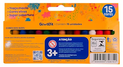 Giz de cera curto 15 cores redondo - Jandaia