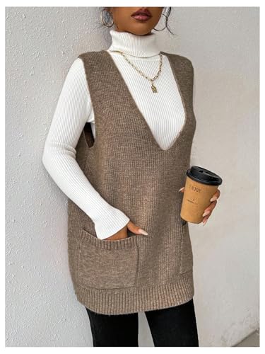 Image of SHENHE Women's Deep V Neck Long Sweater Vest Casual Loose Knit Tunic Pullover with Pockets