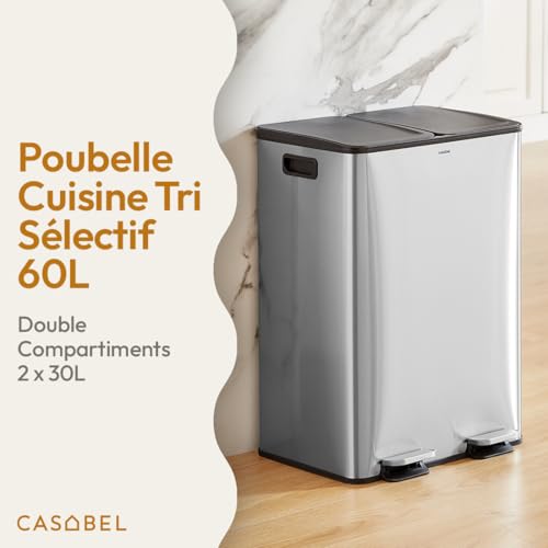 Kitchen Waste Bin 60 L – 2 x 30 Litre, Double Compartments 2 x 30 L, Brushed Stainless Steel, Rectangular Recycling Bin with Pedals, Anti-Smell, French Company