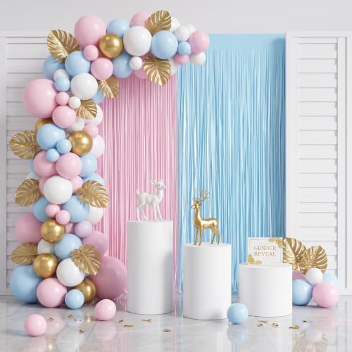 Image of TONIFUL 2Pcs Blue and Pink Metallic Tinsel Foil Fringe Curtains Streamers