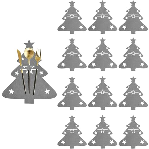 Quzyllic Besteckhalter Weihnachten, 12 Stück Bestecktasche Weihnachten Filz, Grau Weihnachtsbaum Besteckhalter, Bestecktasche Weihnachtsbaumform,...
