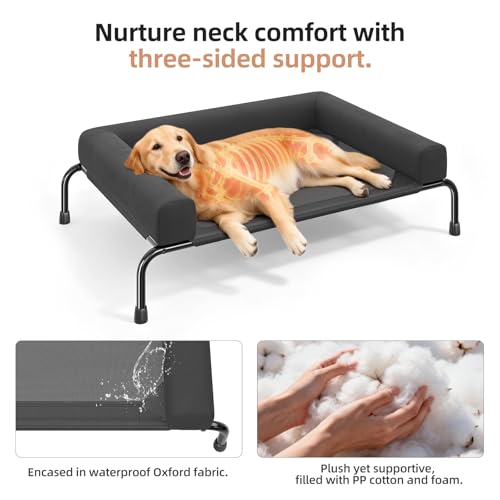 Cooling Portable Elevated Dog Bed, Raised Dog Beds for Large Dogs, 3 Sided Bolster Dogs Couch with Breathable Mesh, Indoor & Outdoor Removable and Waterproof Pet Cot, No-Slip Feet, Black - Image 5