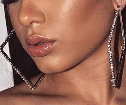 Wekicici Large Rhinestone Hypoallergenic Hoop Earrings Exaggerate Big Crystal DiamondHoop Earrings Earrings for Women Fashion Wedding Accessories(Silver)