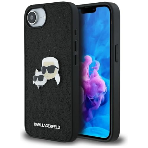 CG MOBILE Karl Lagerfeld Coque de protection Ă paillettes fixes Karl & Choupette Heads Metal Pin pour iPhone 16e (noir)