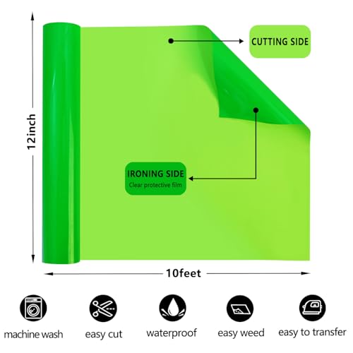 Image of FUNKAKA Fluorescent Green HTV Heat Transfer Vinyl Rolls, 12 inch x 10ft Neon Green Iron on Vinyl for All Cutter Machines PU Stretchy HTV Vinyl for T-Shirt Easy to Cut & Weed for Heat Transfer Design