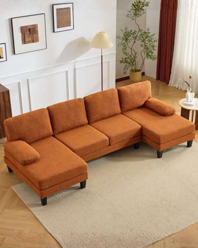 Karl home 110" U-Shape Sectional Couches for Living Room Chenille Upholstery 4 Seat Sofa Set with Double Chaises & Wood Grain Legs for Apartment, Orange