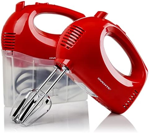 Ovente Portable 5 Speed Mixing Electric Hand Mixer with Stainless Steel Whisk Beater Attachments & Snap Storage Case, Compact Lightweight 150 Watt Powerful Blender for Baking & Cooking, Red HM151R