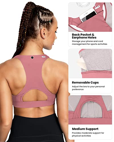Image of QUEENIEKE BareFlow Women's Sports Bras with Phone Pocket Medium Impact Padded Racerback Workout Gym Crop Top Running Yoga Bra