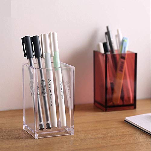Clear Acrylic Pencil Pen Holder Makeup Brush Storage Organizer Desk Accessories Holder Modern Design Desktop Stationery Organizer for Office School Home Supplies 2.6x2.6x4 Inches