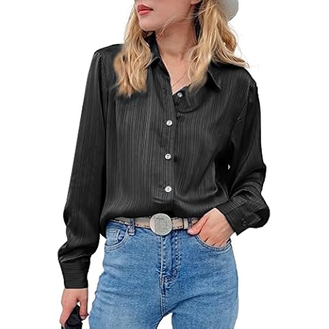 Zahala Battery Womens Button Down Long Sleeve Shirt Casual Office Shirts Oversized Loose V Neck Striped Blouses (Black,M) Cover