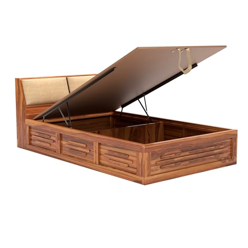 Image of Solid Sheesham Wood Armania Single Size Bed with Hydraulic Storage Bed for Bedroom Living Room Solid Wooden Furniture Bed for Home Hotels -(Natural Finish) 1 Year Warranty (Natural)