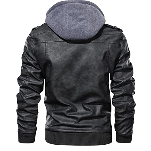 Maiyifu-GJ Men Vintage Faux Leather Jacket Stand Collar PU Leather Motorcycle Jacket Casual Bomber Hoodie with Removable Hood (Black,Large)3