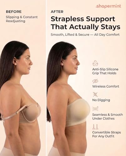 Image of SHAPERMINT Strapless Bra, Wireless Non-Slip Bandeau, Convertible Straps, Molded Strapless Bras for Women S to Large Breasts