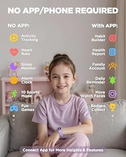 BIGGERFIVE Vigor 3 Kids Fitness Tracker Watch, AMOLED Screen, No App or Phone Needed, 3ATM Waterproof, Heart Rate & Sleep Monitor, Pedometer & Step Counter Smart Watch for Girls Ages 5-15 (Lilac)