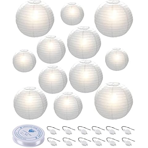 HAUSPROFI Paper Lanterns, 6" 8" 10" 12" Round Paper Lantern with LED Lantern Lights for Indoor and Outdoor Decoration - (Lanterns: 12pcs, Warm White Lights: 12pcs) Cover