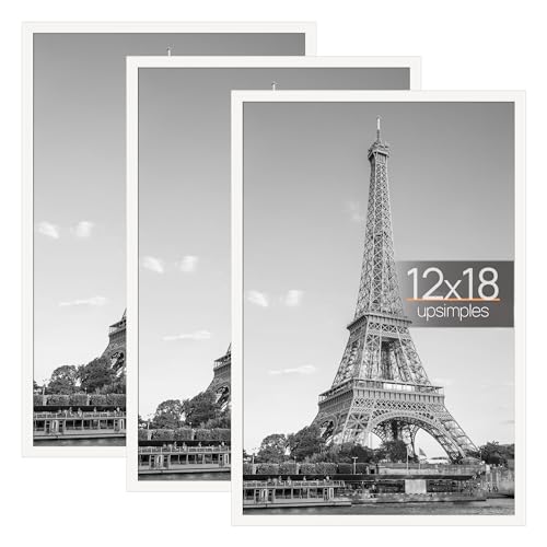 Image of upsimples 12x18 Picture Frame White 3 Pack, Scratch-Proof Poster Frames 12 x 18 for Photo Gallery - Slide-In Strips, Horizontal or Vertical Wall Mounting