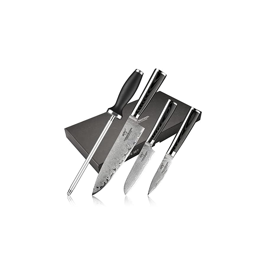 Chefs Knife Set with Gift Box, 4 Pieces Damascus Kitchen Knife Set, VG10 Steel Professional Knife Sets for Chefs, Knife Set with Non-slip Micarta Handle, Knife Sharpener and Chefs Knife