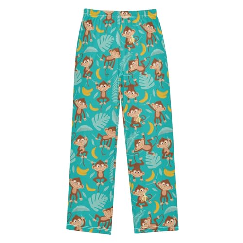 Tropical Monkey Palm Leaf Boys Long Pants Soft Trousers Elastic Waist Kids Lounge Bottoms with Pockets S-XL