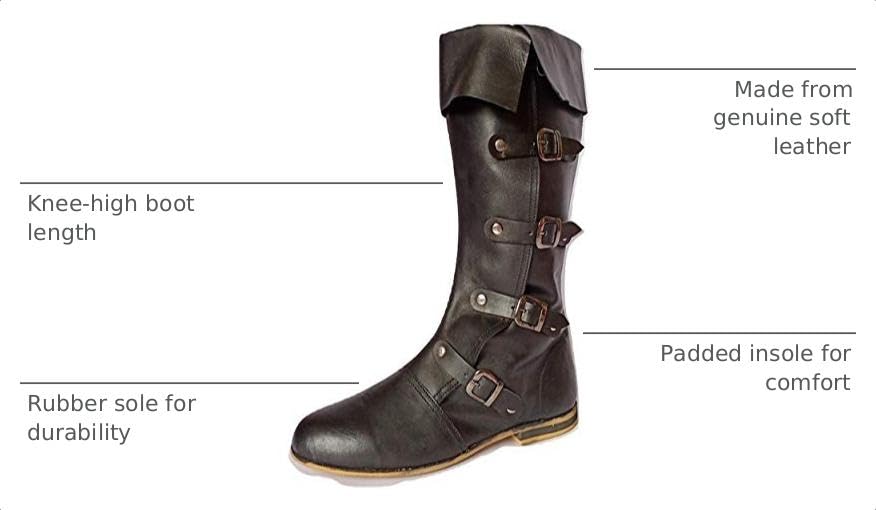 Image of AnNafi Medieval Leather Boots 4 Buckle | Renaissance Loafer Long Boot Pirate Costume Viking Mens Shoes SCA LARP Riding
