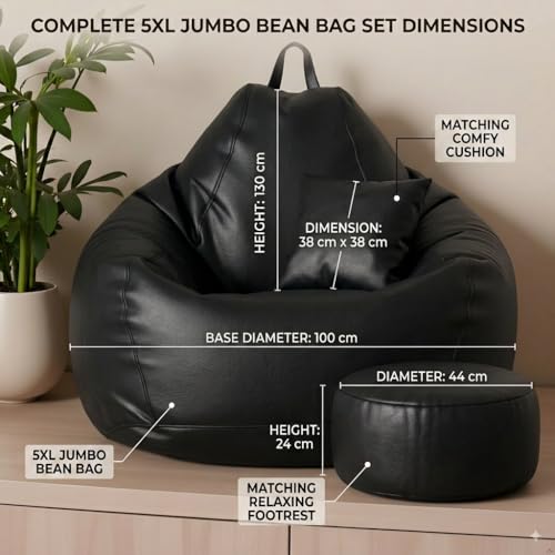 Image of KAM'S LIEU Bean Bag Chair with Footrest & Cushion | Pre-Filled Beans | PVC Leatherette Lounger Sofa | Indoor & Outdoor Bean Bag | 6 Months Warranty Size & Color- (Black, XXXXXL, Premium)