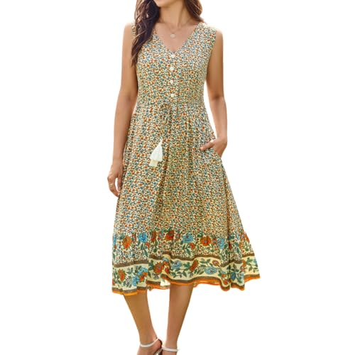 Image of BROVAVE Women Summer Bohemian Floral Print V Neck Sleeveless Sundress Flowy Casual Midi Dress