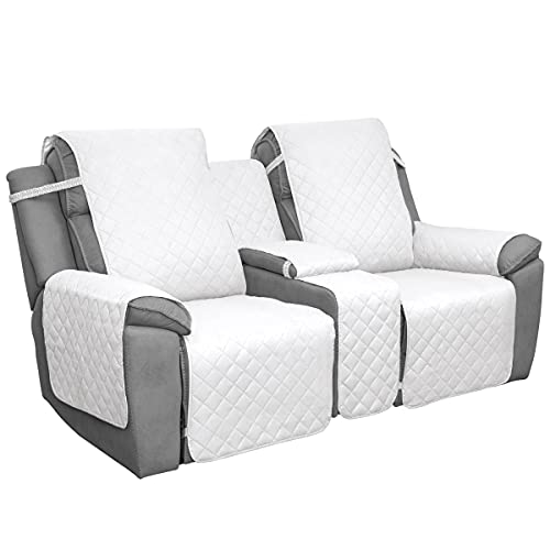 Image of Easy-Going Loveseat Recliner Cover with Console, Reversible Couch Cover for Living Room, Split Sofa Cover for Each Seat with Elastic Straps for Kids, Dogs, Pets(2 Seater, White /White)