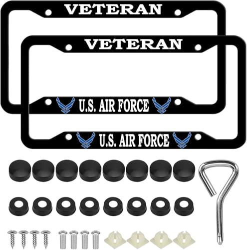 Image of 2PCS License Plate Frames for Veteran U.S.Air Force,Car License Plate Bracket Holder, Premium Aluminum Alloy Weather Proof License Plate Covers with Screw Caps Cover Set Car Accessories