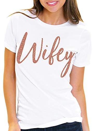 Bride Shirts for Women - Rose Gold Glam Wifey T-Shirt - Bride Tshirts for Honeymoon - Small - White Tee(GlmWifey RsG) Wht/Sml