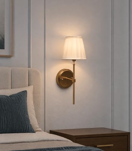 Image of Premium Brass Finish Elegant Fabric Pleated Shade Wall Light for Bedroom, Living Room, Restaurants, Dining, Coffee Shop, Home and Office Decorative Wall Sconce Light Fixture (Without Bulb)
