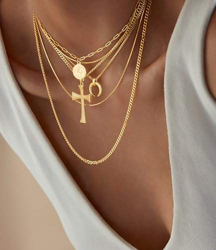 Gold Layered Necklace for Women, 18K Gold Plated Coin Cross Pendant Necklace Chunky Chain Choker Gold Layering Necklaces for Women3