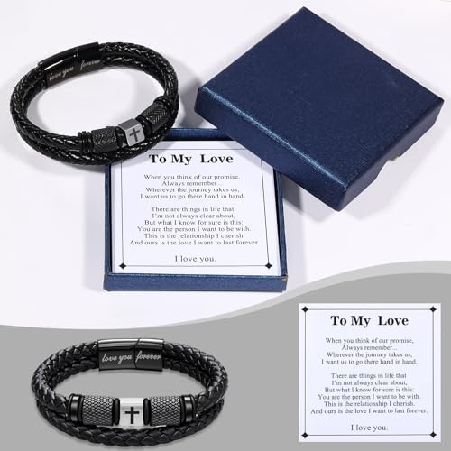 Pulsera de cuero trenzado con cruz cristiana para hombre miniatura 2