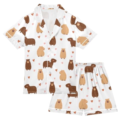 Cute Capybara Drawing White Summer Satin Pajama Set, Cute Button-Down Sleepwear Pj Set for Sleep Wears
