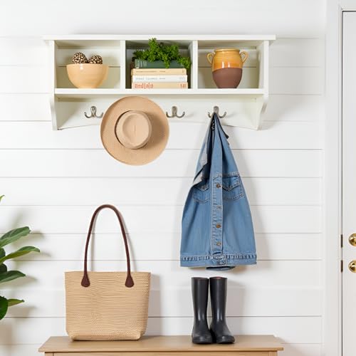 Image of Shaker Cottage 36-Inch Wall-Mounted Coat Rack with 3 Open Shelves - Transitional Entryway Organizer, Mudroom Storage Shelf with 4 Hooks - Space-Saving Wall Storage by Alaterre Furniture (Ivory)