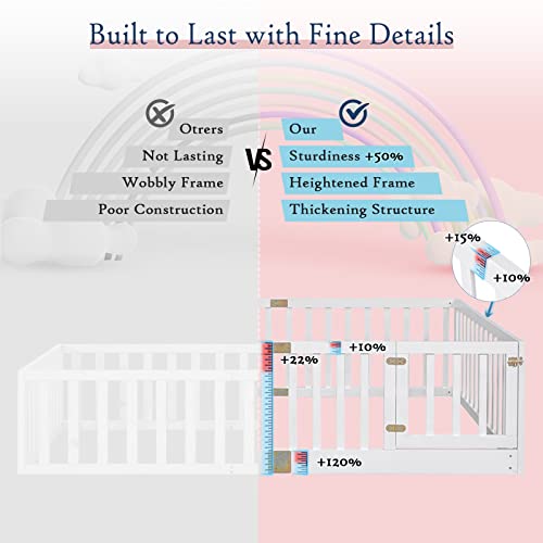 Tatub Full Montessori Floor Bed with High Rails, Solid Wood Montessori Bed Frame for Kids, Door Can Install Left and Right, Full-White