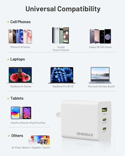 Image of 65W USB C Charger, 3-Port Foldable GaN Fast Charger with 4ft Cable | 2 USB-C PD & 1 USB-A, Compact Travel Design, Type C Charger Fast Charging, for iPhone 17 /16 /15, Galaxy S26 /S25, iPad, MacBook
