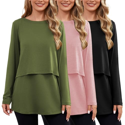 Image of Ecavus Women's 3Pack Maternity Nursing Shirts Long Sleeve Double Layer Breastfeeding Shirts Comfy Pregnancy Clothes