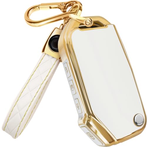 Image of Lucrum Key Fob Cover for Kia, TPU KeyFob Case & Leather Keychain | Fits ONLY FLIP Cadenza Forte K5 Niro Seltos Sorento Soul Sportage, 4 Button Keyfob Case (2018-2025) - White and Gold