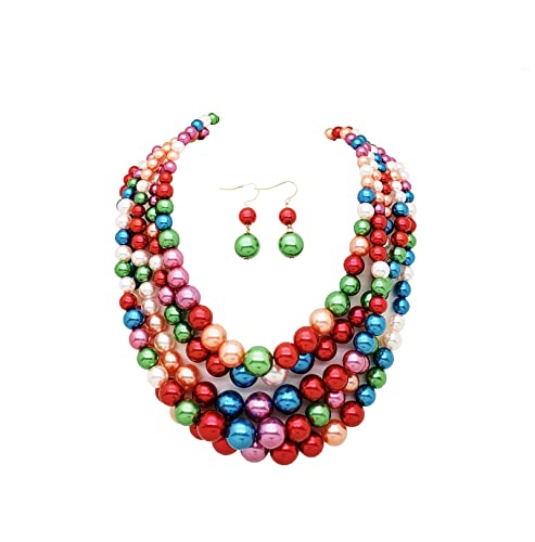 Women's Simulated Faux Pearl Five Multi-Strand Statement Necklace and Earrings Set (Bright Mix)