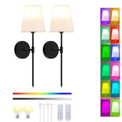 Battery Operated Wall Sconce Lights Set of Two, Black Wireless Rechargeable Wall Sconces, 15RGB Color Dimmable Indoor Wall Lamp Lighting with Remote, for Bedroom Living Room Stairs