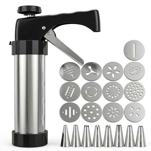Loukaii Spritz Cookie Press Gun Kit，21-piece Stainless Steel Biscuit Maker with 13 Decorating Discs & 8 Piping Tips, Durable Butter Cookie Shooter for DIY Biscuits, Mother's Gift