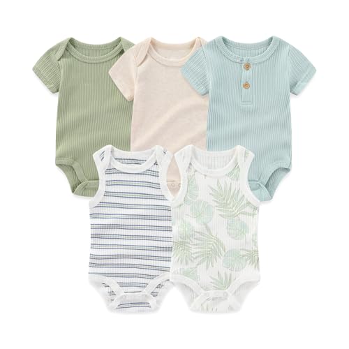 Image of MAMIMAKA Newborn Baby Short Sleeve Bodysuits Cotton One-Piece Baby Boy Girl Clothes 5-Pack